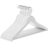 SONGMICS ahşap elbise askıları, 10'lu set, masif ahşaptan elbise askıları, ceket askıları, omuz bölgesinde çentikler, kaymaz, ceketler, gömlekler, 360° döndürülebilen kancalar için, beyaz CRW03W10