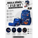 Sonic Desenli Koyu Mavi 3 Lü Erkek Çocuk İlkokul Okul Çantası + Termal Beslenme Çantası + Kalemlik