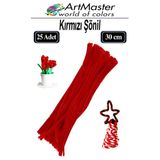 Şönil Kırmızı 30 Cm 25 Li 1 Paket Renkli Tüylü Tel Şönil Pipo Temizleyici Okul Öncesi Anasınıfı Kreş Hobi Eğitici
