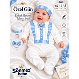 Sönmez Bebe Erkek Bebek Mevlüt Takımı Özel Gün Papyonlu Saten Detaylı Şapkalı Tulum Seti 1-3AY - Bebek Hediyelik - Ekru - Bebe Mavisi - 1 - 3 Ay