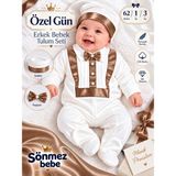 Sönmez Bebe Erkek Bebek Mevlüt Takımı Özel Gün Papyonlu Saten Detaylı Şapkalı Tulum Seti 1-3AY - Bebek Hediyelik - Ekru - Kahverengi - 1 - 3 Ay