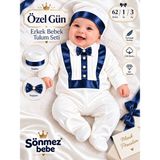 Sönmez Bebe Erkek Bebek Mevlüt Takımı Özel Gün Papyonlu Saten Detaylı Şapkalı Tulum Seti 1-3AY - Bebek Hediyelik - Ekru - Lacivert - 1 - 3 Ay