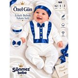 Sönmez Bebe Erkek Bebek Mevlüt Takımı Özel Gün Papyonlu Saten Detaylı Şapkalı Tulum Seti 1-3AY - Bebek Hediyelik - Ekru - Saks - 1 - 3 Ay
