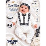 Sönmez Bebe Erkek Bebek Mevlüt Takımı Özel Gün Papyonlu Saten Detaylı Şapkalı Tulum Seti 1-3AY - Bebek Hediyelik - Ekru - Siyah - 1 - 3 Ay