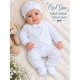 Sönmez Bebe Özel Gün Erkek Bebek Yelekli Tulum Seti Düğme Detaylı Yenidoğan Mevlüt Takımı Bebek Hediyelik - Beyaz - Beyaz - 1 - 3 Ay