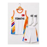 sonvadi Çocuk Basketbol Forması Türkiye Armalı Beyaz-Turkuaz Çorap Hediyeli