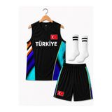 sonvadi Çocuk Basketbol Forması Türkiye Armalı Siyah-Turkuaz Çorap Hediyeli
