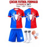 sonvadi Mavi-Kırmızı Örümcek Desen Çocuk Futbol Forması Seti (Çorap+Bileklik) Hediye