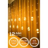 sonx 12 Adet Dilek Topu LED Perde Işık – 3 Mod Animasyonlu, 4 Metre, Sarı Işık, Dekoratif Aydınlatma