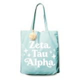 Sorority Shop ZTA Taşıma Çantası - Zeta Tau Alpha Camgöbeği ve Beyaz Retro Ponponlu Kanvas Tote Çanta – Kız Yurdu Retro Tote – Kız Yurdu Hediyesi, Açık Mavi, Large