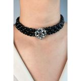 Sose Moda Kristal Çiçekli Siyah Tasma Inci Kolye