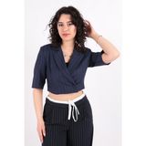 Soul 31427 Kadın Kısa Kollu Çizgili Crop Blazer Ceket Ss - XL - Navy