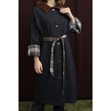 Soul Kadın Ekose Detaylı Denim Trenç Mont - 32393TRCT - Lacivert