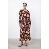 Soul Kadın Floral Desenli Kuşaklı Uzun Elbise - 32511ELB - DAMSON-YELLOW