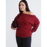 Soulife Büyük Beden Kayık Yaka Büzgülü Kadın Triko Kazak - Kırmızı - 5XL