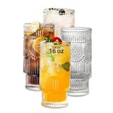 SoulTimes 4 Paket Büyük 463 ml Nervürlü Züccaciye Seti, Çiçek Tasarımı İstiflenebilir Cam Bardaklar, Vintage Dokulu Şeffaf Çizgili İçme Bardakları Seti, Bar İçecekleri, Meyve Suyu, Su, Kokteyl, Buzlu