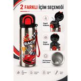 Sowo Home Siply 600 ml Desenli 304 Paslanmaz Çelik Çocuk Su Matarası Çift İçim Modlu Kilit Kapaklı Suluk,Araba Desenli