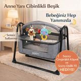 Sozzy Anne Yanı Cibinlikli Beşik | Sallanır + Oyuncak Askı Barı + Hediyeli - Füme