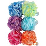Spa Savvy Duş için Banyo Süngerleri 6'lı Paket 50 Gram 13 cm - Duş Puf Luffa Süngerleri - Peeling Vücut Fırçaları - Duş Kabarık Topları, Vantuzlu Çok Renkli Duş Scrunchies