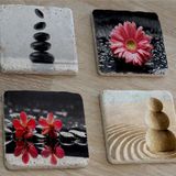 Spa Taşları ve Kırmızı Gerbera Çiçeği Doğal Taş Bardak Altlığı 4'lü set - Natural Stone Coasters