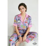 Space Cowgirl Kadın Saten Pijama Takımı Uzay Ve Kovboy Desenli Kısa Kollu Mor