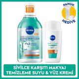 SPF50 Derma Skin Clear Sivilce Karşıtı Güneş Koruyucu Krem40ml ve Makyaj Temizleme Suyu,Pamuk Hediye