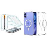 Spigen iPhone 16 Plus/iPhone 15 Plus Cam Ekran Koruyucu Kolay Kurulum Glas.tR EZ Fit Slim HD (2 Adet) AGL06883 & iPhone 16 Plus Kılıf Liquid Crystal MagFit MagSafe özellikli Crystal Clear ACS08388