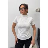 spirituel Kadın T-Shirt Kısa Kollu Taşlı Drapeli Sandy Kumaş Kısa Şık Bluz