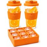 Splash 2+1 Adet Kokteyl Sunum Bardağı Soğuk Içecek Bardağı Ice Latte Bardağı Soğuk Kahve Bardağı + Silikon Buz Kabi - Şeffaf - Turuncu - 350 ml