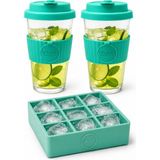 Splash 2+1 Adet Kokteyl Sunum Bardağı Soğuk Içecek Bardağı Ice Latte Bardağı Soğuk Kahve Bardağı + Silikon Buz Kabi - Şeffaf - Yeşil - 350 ml