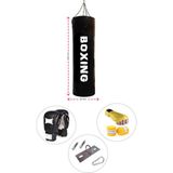 Spor Byfit 100 cm x 30 cm Siyah Boks Torbası + Boks Eldiveni + Boks Bandajı + Askı Aparatı - 4' Lü Set - Dolu