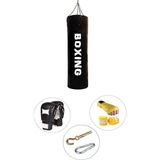 Spor Byfit 80 cm x 30 cm Siyah Boks Torbası + Boks Eldiveni + Boks Bandajı + Askı Aparatı - 4' Lü Set - Dolu