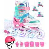 Sportaj Deniz Kızı Işıklı Paten Kask Koruma Seti 2+2 Kız Çocuk Pateni Silikon Teker,taşıma Çantalı 3 In 1 - Pembe - 30 - 33