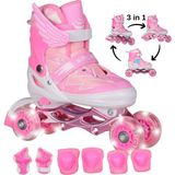 Sportaj Işıklı Silikon Tekerli Paten Dizlik Dirseklik Setli Kız Erkek Çocuk Pateni Çantalı 2+2 4 Dört Tekerlekli Paten - Pembe - 30 - 33