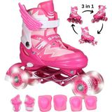 Sportaj Işıklı Silikon Tekerli Paten Dizlik Dirseklik Setli Kız Erkek Çocuk Pateni Çantalı 2+2 4 Dört Tekerlekli Paten - Pembe - Beyaz - 30 - 33
