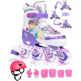Sportaj Unicorn Işıklı Paten Kask Koruma Seti 2+2 Gökkuşağı Kız Çocuk Pateni Silikon Teker,taşıma Çantalı - Lila - 34 - 37