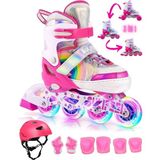 Sportaj Unicorn Işıklı Paten Kask Koruma Seti 2+2 Gökkuşağı Kız Çocuk Pateni Silikon Teker,taşıma Çantalı - Pembe - 34 - 37