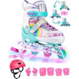 Sportaj Unicorn Işıklı Paten Kask Koruma Seti 2+2 Gökkuşağı Kız Çocuk Pateni Silikon Teker,taşıma Çantalı - Turkuaz - 30 - 33