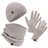 Sportoonline Winter Set %70 Merino Yünü Termal Bere Boyunluk ve Eldiven 3'lü Kış Seti - Krem L/XL