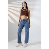 sports here Kız / Kadın Yüksek Bel Kesik Paça Rahat Kalıp Mavi Denim Kot Pantolon