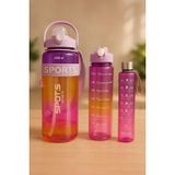 SPORTS Renkli Akrilik Motivasyon Suluk Matara Seti, 3 Adet, 2000ml 900ml 350ml, Spor İçin (MOR)