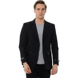 Sposo G-132 Klasik Kalıp Yarım Astarlı Suni Deri Garnili Erkek Ceket - 2XL - 001 Siyah