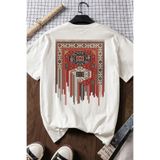 Spoyi Bohem Kilim Tasarımlı %100 Pamuk Yarım Oversize Beyaz T-XLhirt