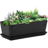 SQOWL 25,4 cm Seramik Dikdörtgen Sukulent Bitki Pencere Kutusu, İç Mekan Bitkileri için Tabaklı Çiçek Saksısı Siyah