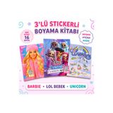 Srctech 3'lü (Barbie - LOL Bebek - Unicorn) Stickerlı Boyama Kitabı - Her Kitap Boyanabilir 16 Sayfa