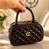 SS Trend Store Kadın Kapitone Rugan Makyaj Çantası Çift Fermuarlı Seyahat ve Günlük Kullanım El Çantası - Acı Kahverengi