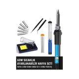 ST-60 Profesyonel 60W Isı Ayarlı Kalem Havya + Stand + Lehim Pompası + Lehim + Cımbız + 5 Kaliteli Uç