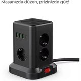 St. Morritz 3 Usb-A + 1 Type-C Çıkışlı Kule Tipi Akım Korumalı Çoklu Priz – Tek Tuş Kontrol, Kompakt Masaüstü - Ahşap
