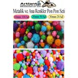 St. Morritz Renkli Pon Pon 10 20 30 mm 170 Li 1 Paket Metalik ve Ana Renkler Peluş Ponpon Tüylü Ponpon Okul Önce