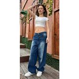 St.Poll Eskitme Yıkamalı Baggy Jean Kadın Denim Pantolon Geniş Paça Standart Beden - Mavi
